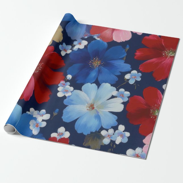 Patriotisk röd blå vit blomster (9) presentpapper (Utrullad)