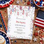 Patriotisk röd blå vit födelsedagsinbjudan<br><div class="desc">En chic vit bakgrund. Dekorerad med patriotiskt färgad konfetti och partyströmrör i rött,  blått och vitt. Anpassa och lägg till ett namn och festdetaljer. Namnet skrivs med en handskriven stilsnutt. 

1 ark = 1 inbjudan tryckt kant till kant.</div>