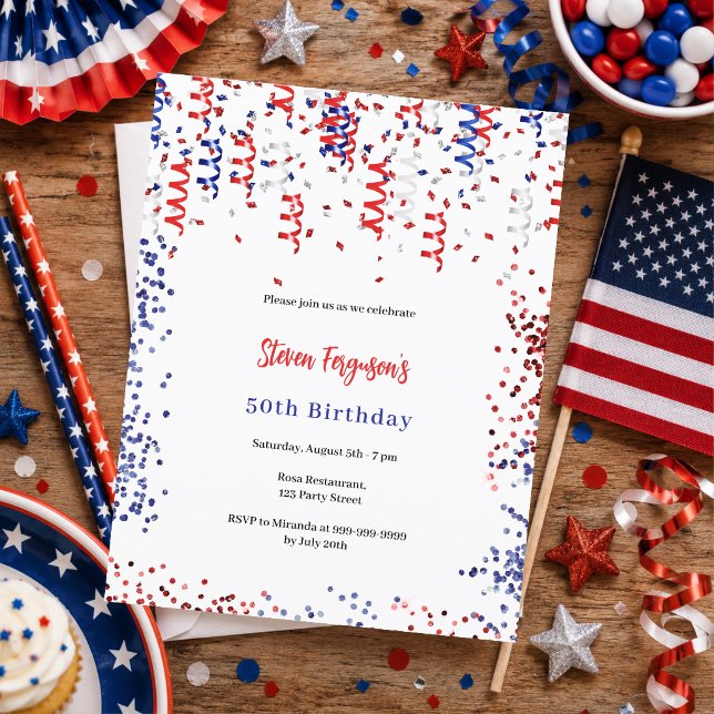 Patriotisk röd blå vit födelsedagsinbjudan (Skapare uppladdad)