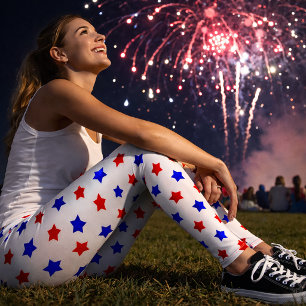 Patriotisk röd och blå stjärnmönster på vit bakgru leggings