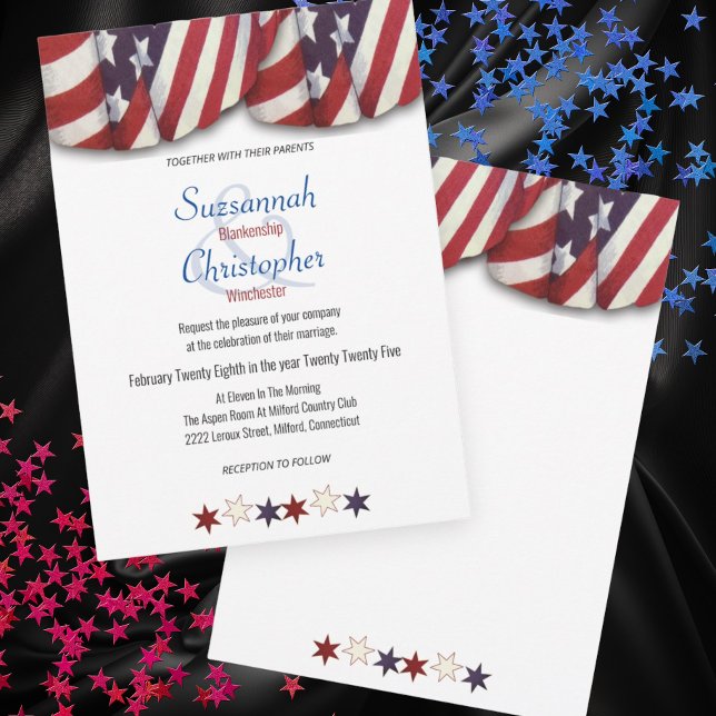 Patriotisk röd vit blå bunting överst stjärnor und inbjudningar (front and back view of patriotic wedding invitation)