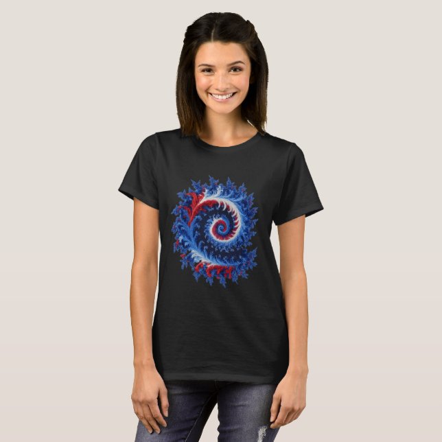 Patriotisk, röd vit blå fraktal spiral abstrakt t shirt (Hel framsida)