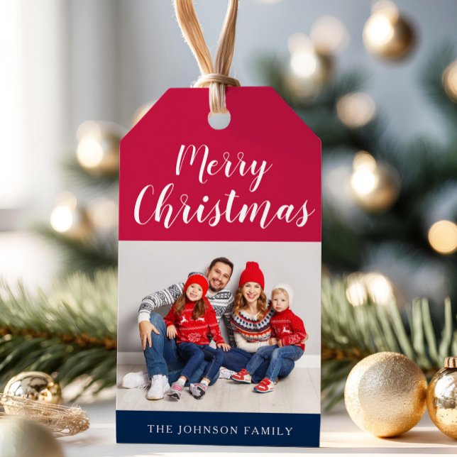 Patriotisk Röd Vit Blå God Jul Foto Presentetikett (Patriotic Red White Blue Merry Christmas Photo Gift Tags)