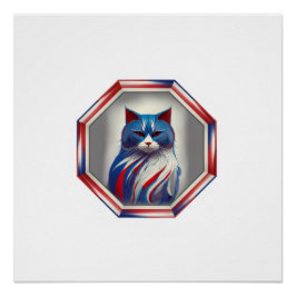 Patriotisk röd vit & blå katt i ram perfect poster