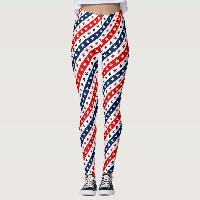 Patriotisk röd, vit & blå USA stjärnor & ränder Leggings (Framsida)