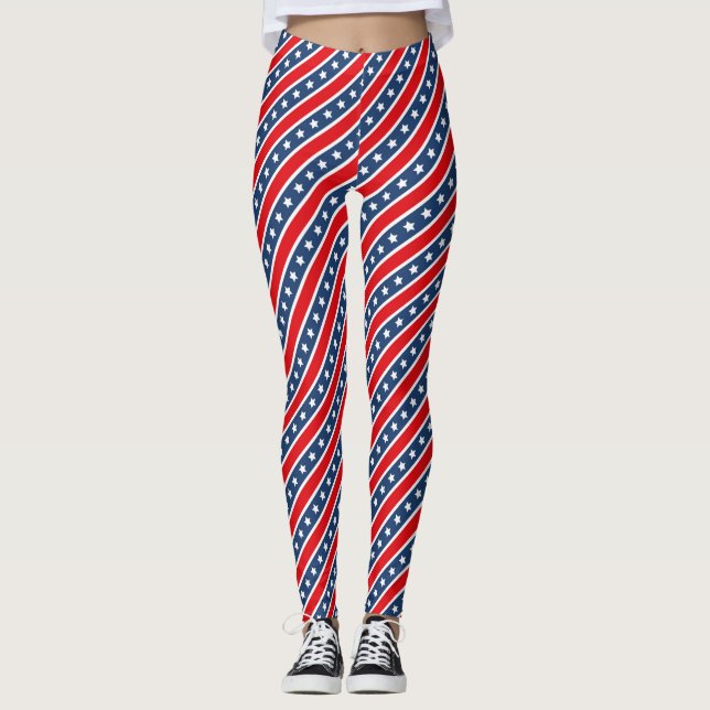 Patriotisk röd, vit & blå USA stjärnor & ränder Leggings (Framsida)