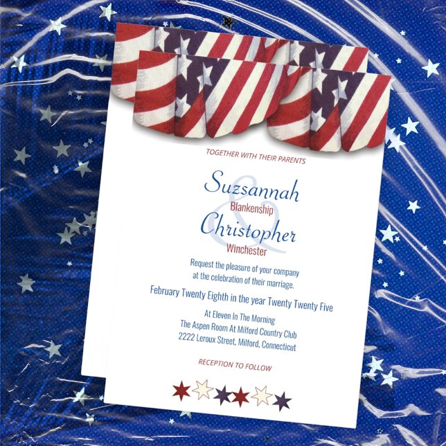 Patriotisk röd vit blå vimpel topp stjärnor botten inbjudningar (front & back of red, white, and blue bunting wedding invitation template)