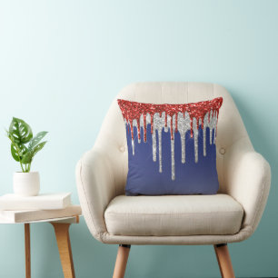 Patriotisk Röd Vit Glitter Dropp Blå Kudde