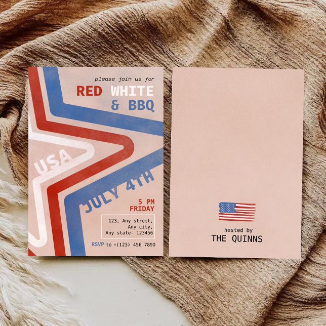 Patriotisk Röd Vit & Grillad Mat 4:e Juli Retro Inbjudningar (Skapare uppladdad)
