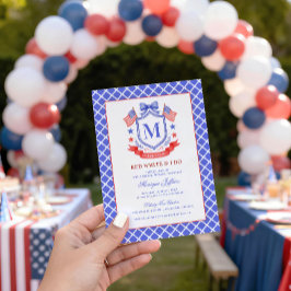 Patriotisk röd vit & jag gör Monogram Bröllopsdusc Inbjudningar