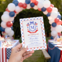 Patriotisk röd vit & jag gör Monogram Bröllopsdusc Inbjudningar