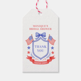 Patriotisk röd vit & jag gör monogram bröllopsdusc presentetikett