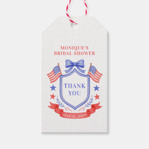 Patriotisk röd vit & jag gör monogram bröllopsdusc presentetikett