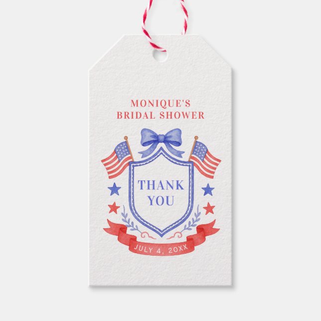 Patriotisk röd vit & jag gör monogram bröllopsdusc presentetikett (Framsidan)