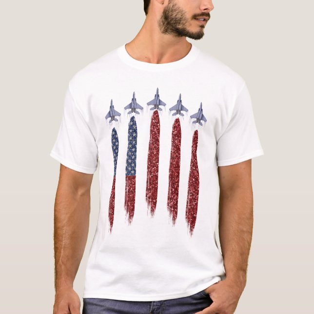 PATRIOTISK RÖTT VITT BLÅTT FLAGGA & FIGHTER JET T SHIRT (Framsida)