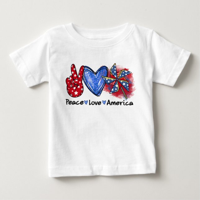 PATRIOTISK RÖTT VITT BLÅTT FRED KÄRLEK AMERIKA T SHIRT (Framsida)