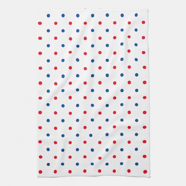 Patriotisk rött vitt blått polka dot mönster helgd kökshandduk (Vertikal)