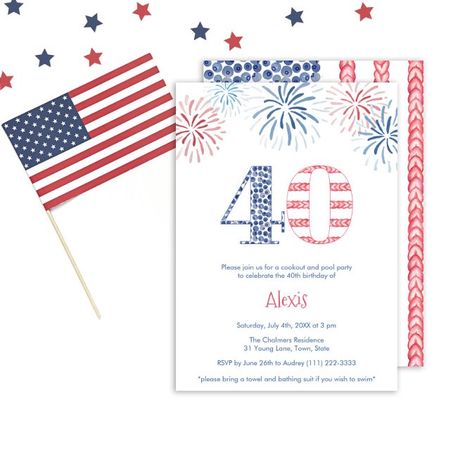 Patriotisk Rött vitt blått Roligt 40:e födelsedage Inbjudningar (A fun red white and blue 40th birthday party invitation with the number 40 in the stars and stripes)