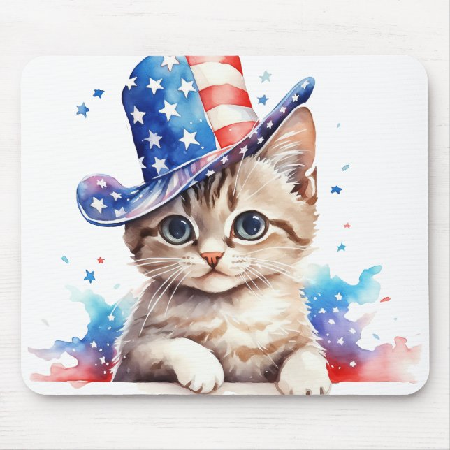 PATRIOTISK RÖTT VITT BLÅTT VATTENFÄRG KATTUNGE MUSMATTA (Framsidan)