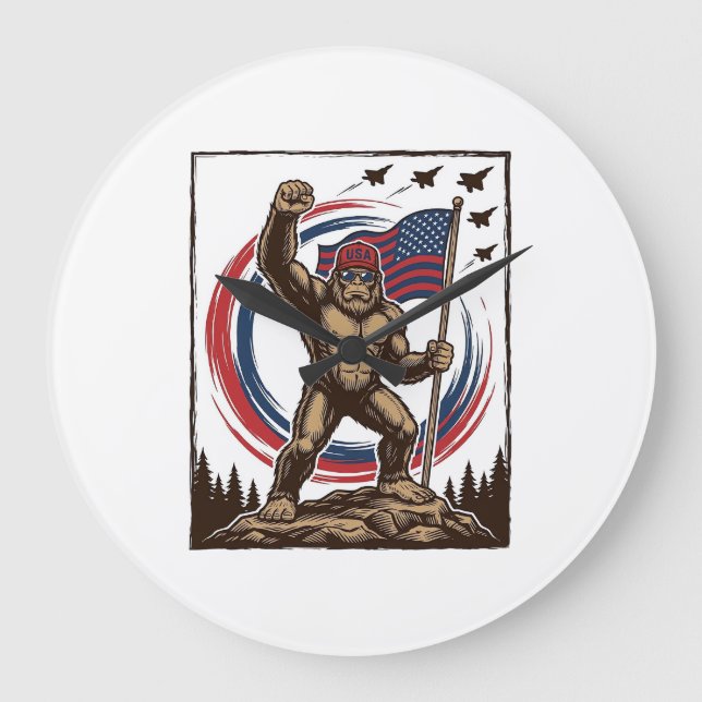 Patriotisk Sasquatch Flagga Vintage Stor Klocka (Framsida)