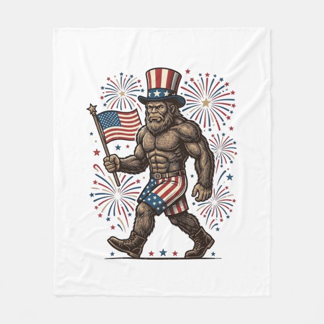 Patriotisk Sasquatch Fyrverkerier Vintage Gravyr D Fleecefilt (Framsidan)