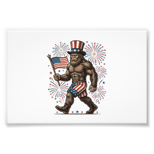 Patriotisk Sasquatch Fyrverkerier Vintage Gravyr D Fototryck