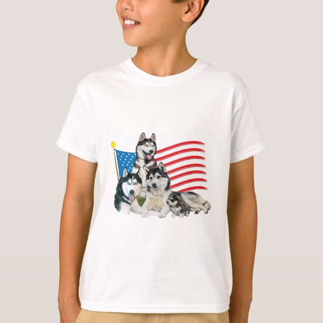 Patriotisk siberian huskyfamilj t shirt (Framsida)