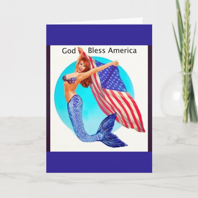 Patriotisk Sjöjungfru som håller amerikansk Flagga Kort (Framsida)