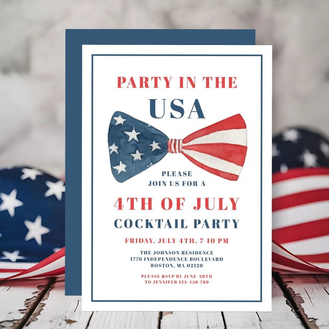 Patriotisk slinga 4:e juli cocktailparty inbjudningar (Patriotic Bow 4th Of July Cocktail Party Invitation)