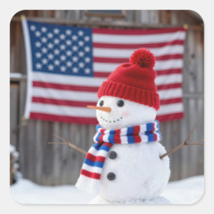 Patriotisk Snöman Med Amerikansk Flagga Fyrkantigt Klistermärke