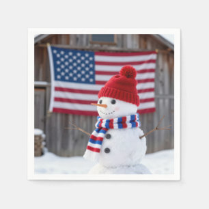 Patriotisk Snöman Med Amerikansk Flagga Pappersservett