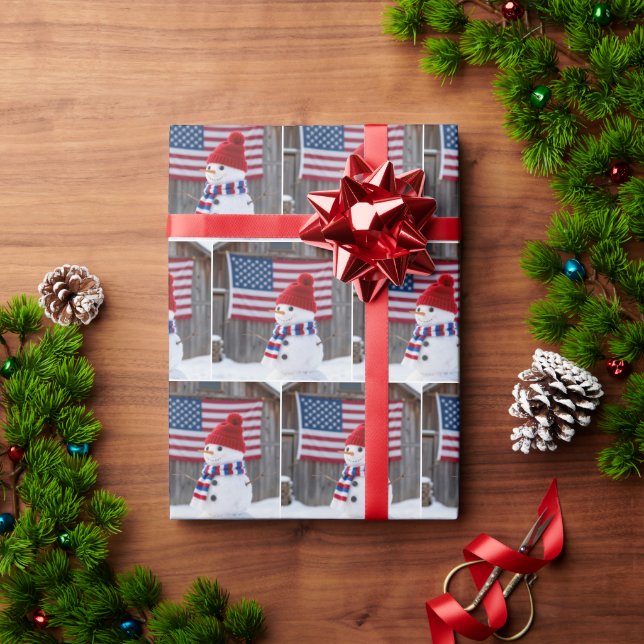 Patriotisk snöman med amerikansk flagga presentpapper (Julgåva)