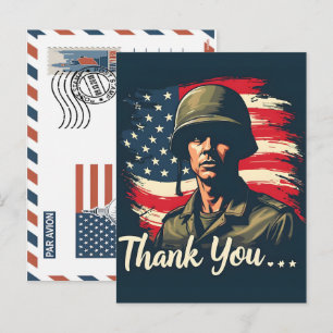 Patriotisk soldat med amerikansk flagga vykort
