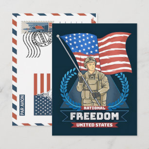 Patriotisk soldat som håller i USA:s flagga vykort