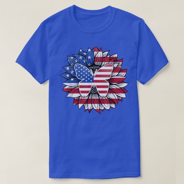 Patriotisk solros med fjäril USA flagga 4:e av T Shirt (Design framsida)