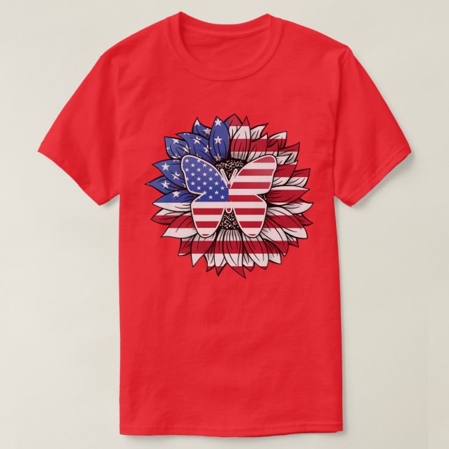 Patriotisk solros med fjäril USA flagga 4:e av T Shirt (Design framsida)