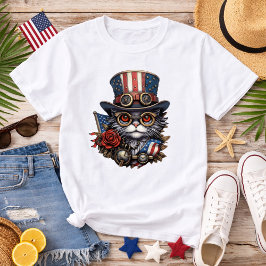 Patriotisk Steampunk Katt med Skyddsbrillor T Shirt