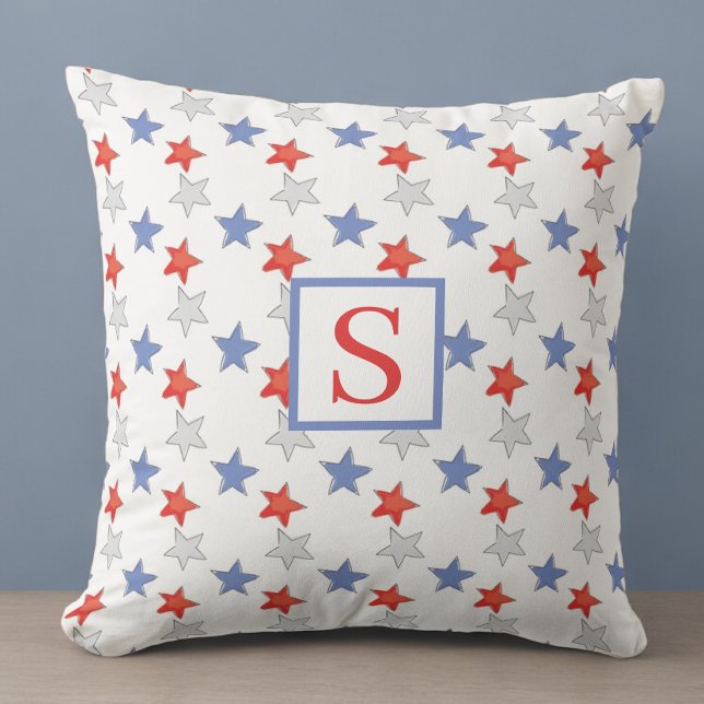 Patriotisk stjärnmonogram | Röd Vit Blå Americana Kudde (Skapare uppladdad)