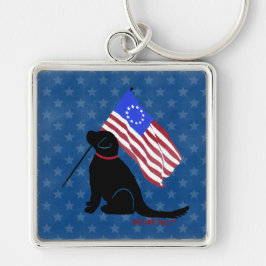 Patriotisk svart labrador amerikansk flagg nyckelr fyrkantig silverfärgad nyckelring