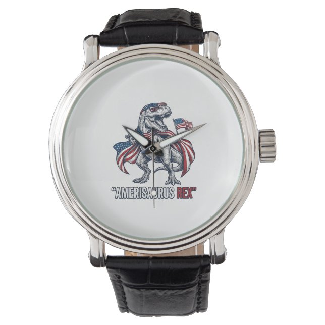 Patriotisk T-Rex Amerisaurus Rex Vit Tröja Design Armbandsur (Framsida)