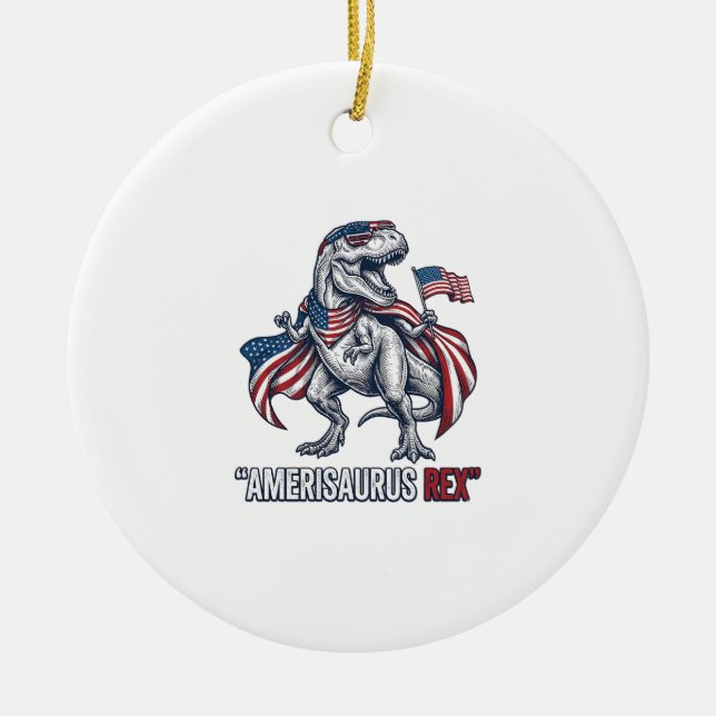 Patriotisk T-Rex Amerisaurus Rex Vit Tröja Design Julgransprydnad Keramik (Framsidan)