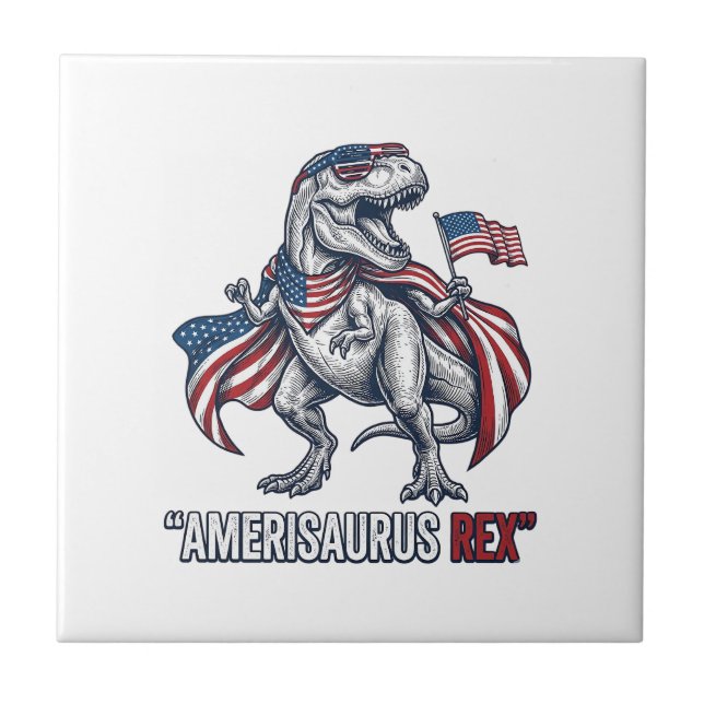 Patriotisk T-Rex Amerisaurus Rex Vit Tröja Design Kakelplatta (Framsidan)