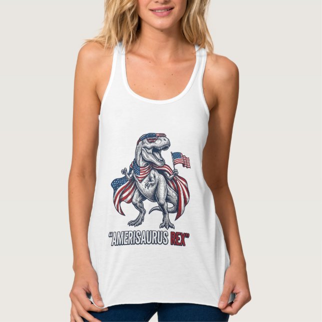 Patriotisk T-Rex Amerisaurus Rex Vit Tröja Design Linne Med Racerback (Framsida)