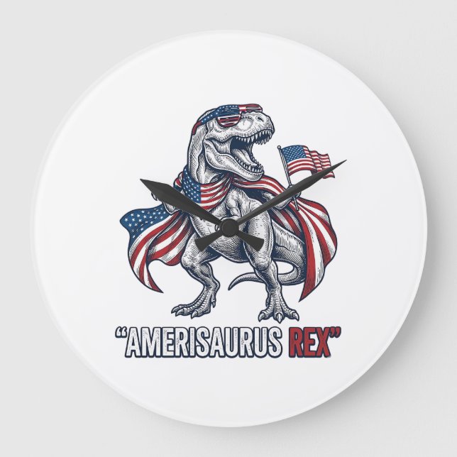 Patriotisk T-Rex Amerisaurus Rex Vit Tröja Design Stor Klocka (Framsida)