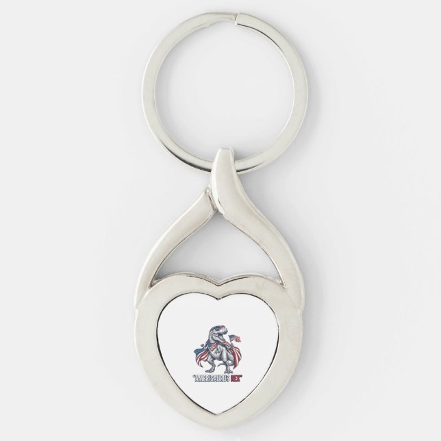 Patriotisk T-Rex Amerisaurus Rex Vit Tröja Design Twisted Heart Silverfärgad Nyckelring (Framsidan)