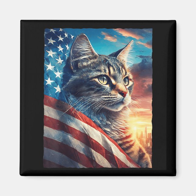 Patriotisk Tabby Katt USA Flagga 4 juli Magnet (Framsidan)