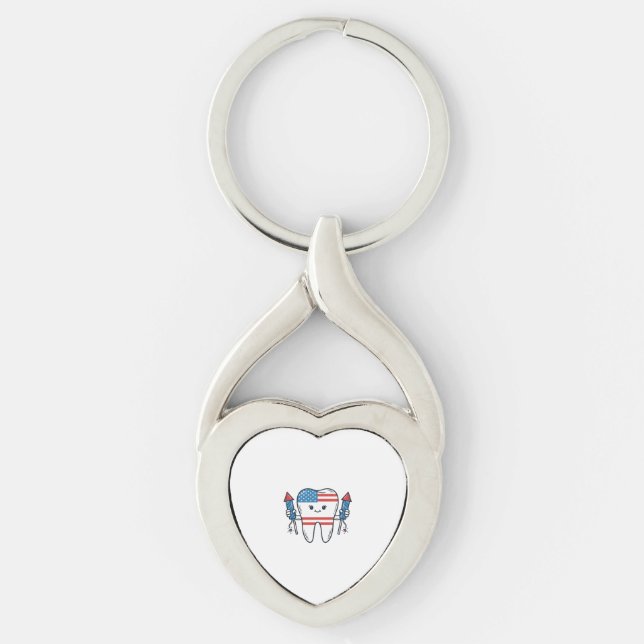 Patriotisk Tandmaskot Fireworks Vector Design_1 Twisted Heart Silverfärgad Nyckelring (Framsidan)