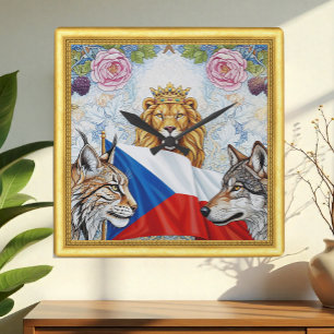 Patriotisk tjeckisk Lejon, Lynx, Varg Art nouveau Fyrkantig Klocka