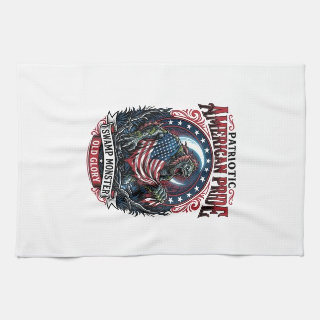 Patriotisk träskmonster Old Glory skräckmonster P Kökshandduk (Horisontell)
