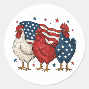 Patriotisk Tupp Trio Rolig USA Flagga Kyckling Runt Klistermärke